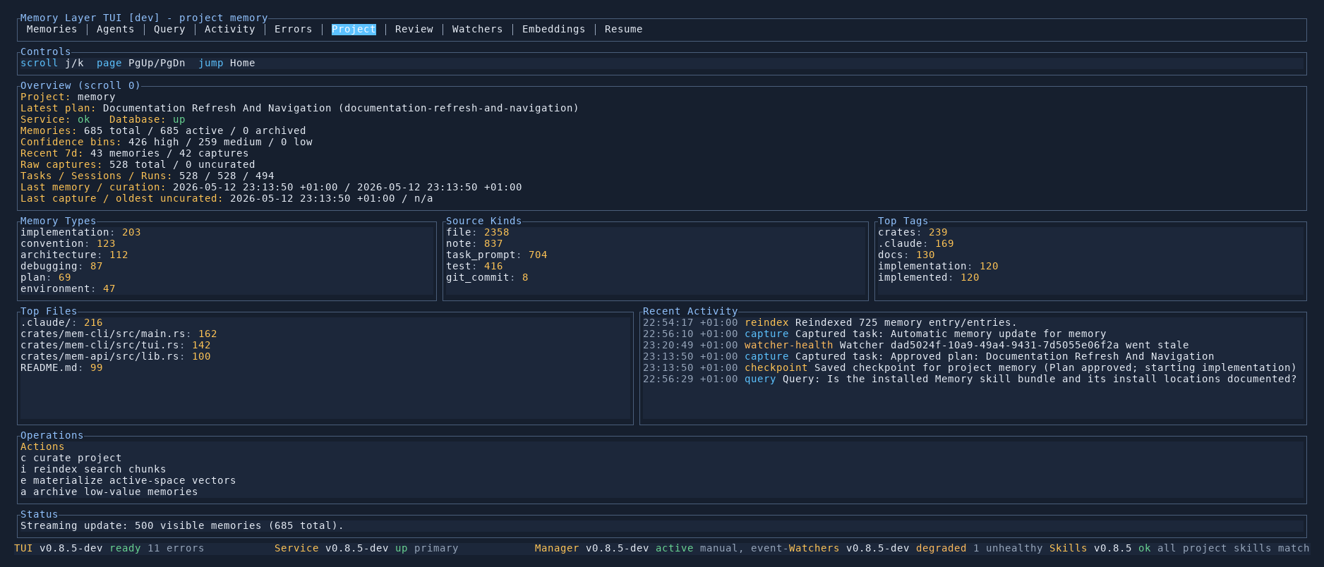 Memory Layer TUI Project tab
